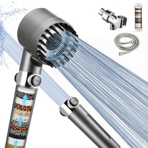 Fitered Shower Head with Handheld for Hard Water, High Pressure Handheld Shower Heads with On Off Switch, Showerhead with Long Hose(Gun Grey,2 Filters)
