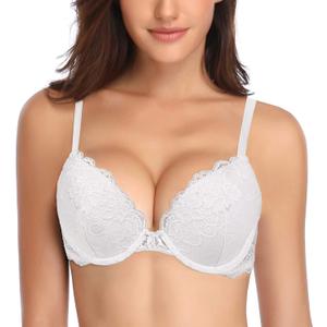 Deyllo Womens Push Up Lace Bra Comfort Padded Underwire Bra Lift Up Add One Cup (38DD, White)