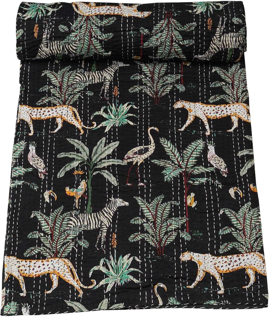 Marubhumi Indian Traditional Pure Cotton Jungle Print Kantha Quilt, Bed Cover Throw Animal Printed Kantha Quilts Multi Color (Black, Queen (90"x 108"))