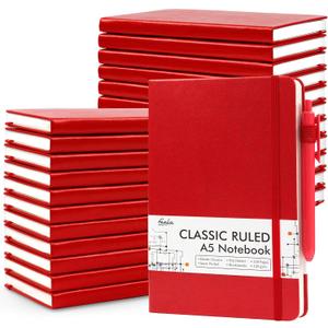 24 Pack Journal Notebook for Work, Feela Business Notebook Bulk Hardcover Lined Writing Journal with Pen Holder for Men Women Note Taking, with 24 Black Pens, 120 GSM, 5.1x8.3, A5, Red