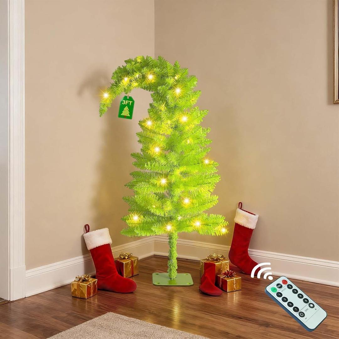 3FT Christmas Tree with Lights, 40 Led Battery Operated Powerd Bendable Mini Whimsical Lime Green Light Up Remote Contral Timer Curved Unique Artificial Xmas Decorations Small Fake Pine Tree Decor
