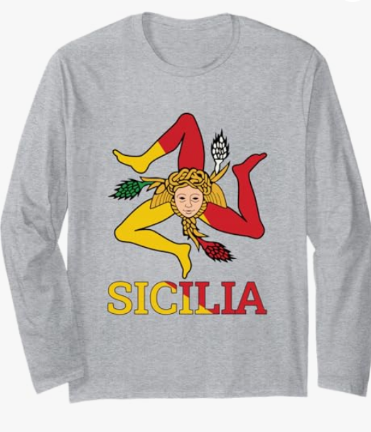 Sicilia, Sicily Trinacria Long Sleeve T-Shirt, Grey, Small 