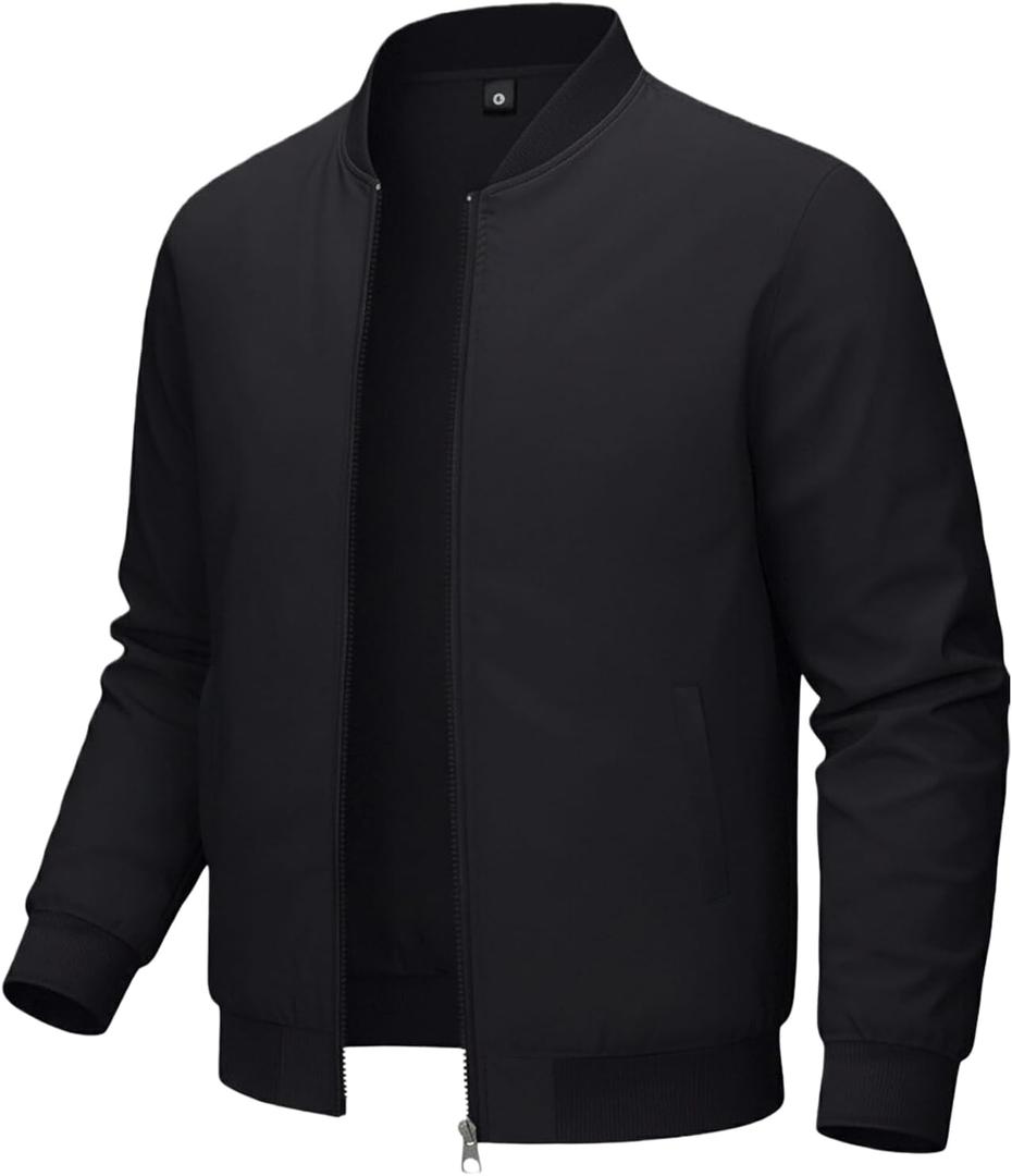 Men's Spring Autumn Winter Thin Loose-fitting Long-sleeved Pocket Zipper Jacket Top Casual Sporty Outing Coat (Large, Black)