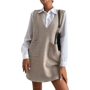 OYOANGLE Women's V Neck Sleeveless Knitted Solid Short Sweater Dress with Pockets (Medium, Khaki)