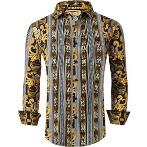 Alex Vando Mens Digital Printing Dress Shirts Iron-Free Regular Fit Party Button Down Shirt (Large, 2637 Gold)