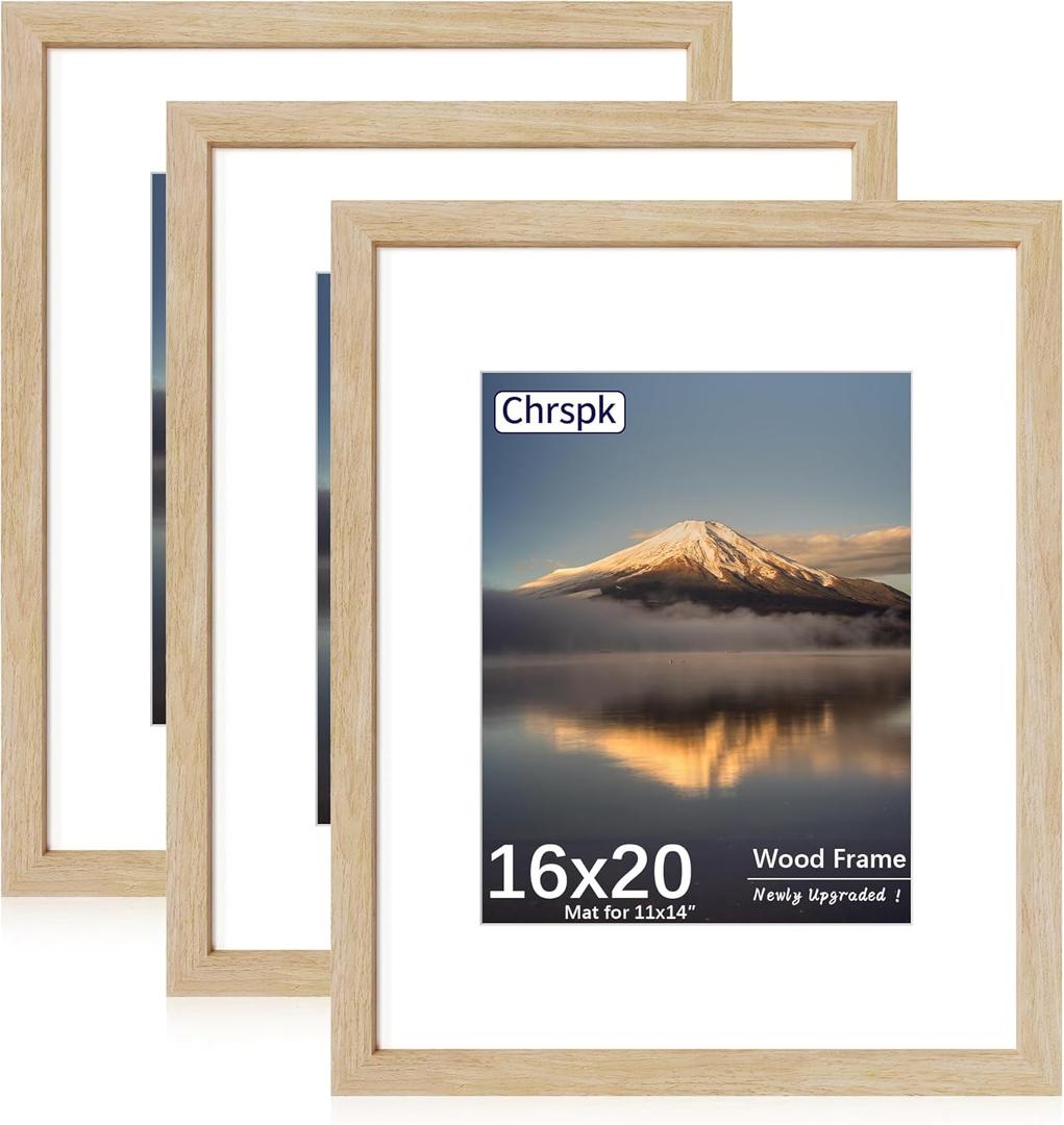 16x20 Poster Frame, Display Pictures 11X14 with Mat or 16x20 Without, Wall Hanging Frames, Natural Oak, 3 Pack