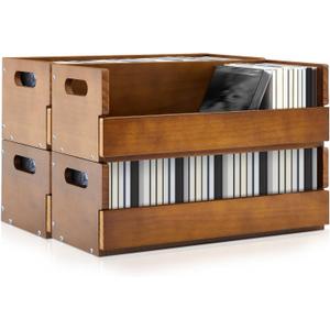 CroBlissful 4 Set Wooden CD Storage Box Holder Shelf Cassette Tape Display Racks with Carrying Handles, Organizer Shelf for Movie Cases, DVDs, Each Set Can Store up to 36 Pcs CDs (Brown)