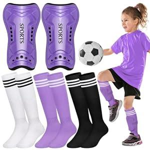 Liliful 4 Pcs Soccer Shin Guards Set for Girl Kids Youth Include 1 Shin Guards & 3 Sport Socks Protective Lightweight Gear Leg Pads Gear for 3-15 Girls Boy Children Teens(Light Purple, M)