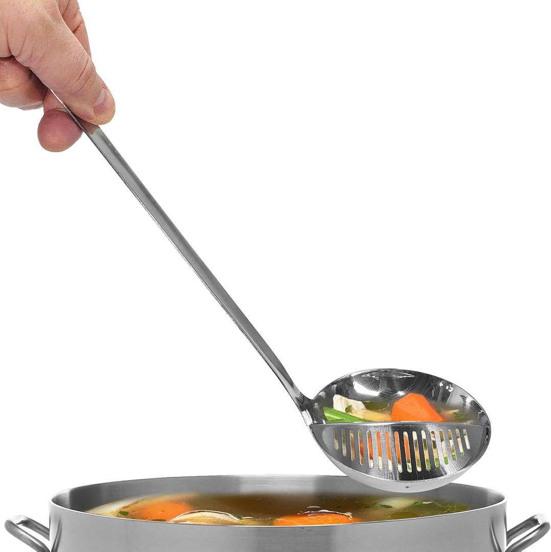 Stainless Steel Straining Ladle  Kitchen Discovery  2 in 1 Strainer Ladle for Soups and Stews Drains Liquids from Solids. Serving Ladle with Built In Strainer is Safe in Boiling Water and Hot Oil