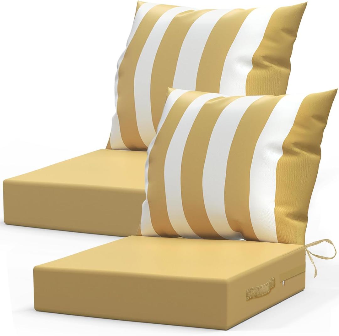 LAGRATY Outdoor Chair Cushions for Patio Furniture24" x 24" Deep Seat Cushions with Backrest for Couch Sofa Chair - Waterproof Fade-Resistant Patio Cushion (Set of 2,Khaki and White)