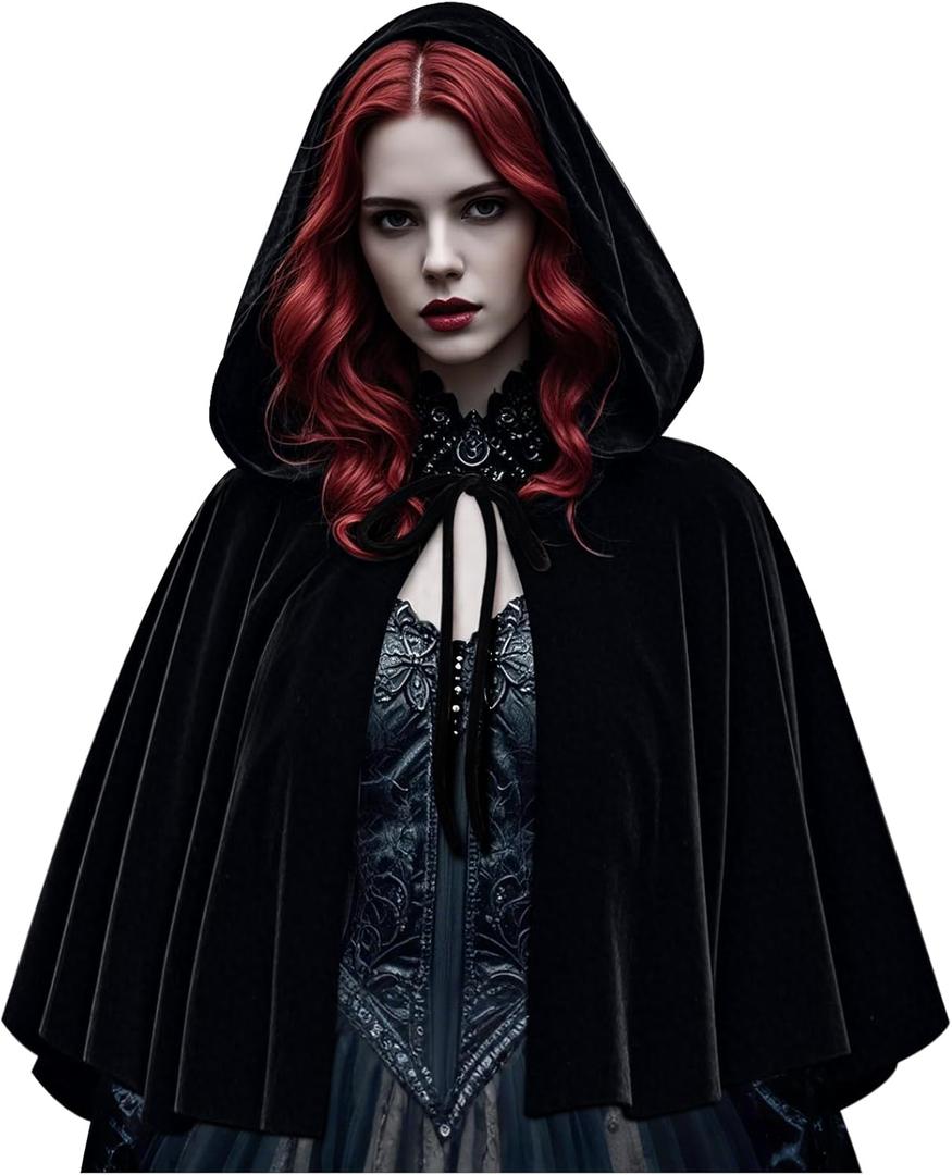 L'VOW Women's Black Cloak with Hood Medieval Velvet Hooded Cape Renaissance Short Christmas Cape