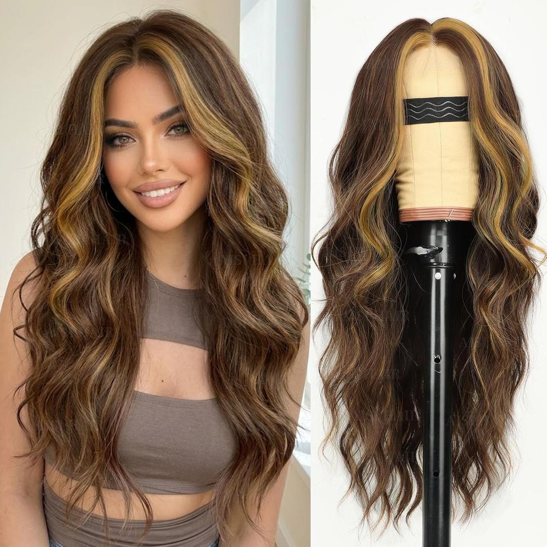 AISI HAIR Chocolate Brown with Caramel Highlights Wig for Women, Long Wavy Lace Hairline Middle Part Synthetic Heat Resistant Wig for Daily Party-26 Inch