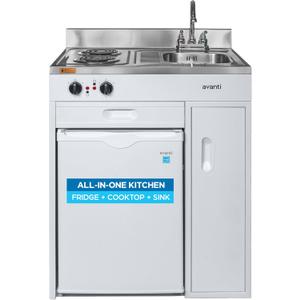 Avanti CK3016 Energy Star Certified Full Compact Kitchen, Built in Kitchenette Stainless Steel Counter, Two Element Cooking Range, Refrigerator & Storage, 30-Inch, White