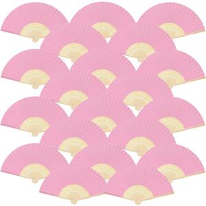 FEPITO 20 Pieces Handheld Pink Paper Fan Paper Folding Fans with Bamboos for Wedding Gift, Party, Home