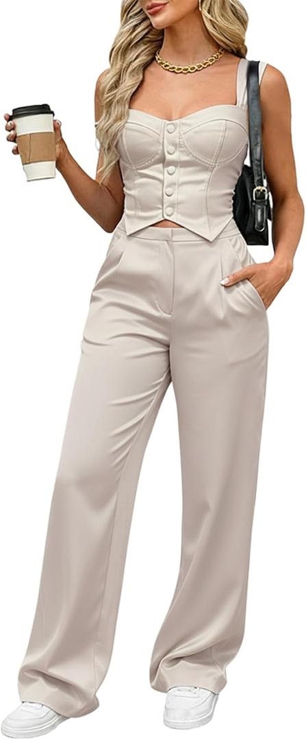 CHICME Women's 2 Piece Outfit Thick Strap Button Front Tank Top with Wide Leg Pants Casual Outfit Sets (Beige, S)