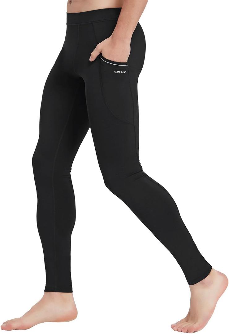 Willit Men's Active Yoga Leggings Pants Running Dance Tights with Pockets Cycling Workout Pants Quick Dry (Black), S