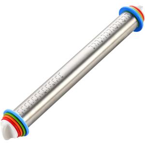 Adjustable Rolling Pin 17” with 4 Thickness Rings for Baking, Stainless Steel Dough Roller with Clear Measurement for Pizza, Fondant, Pie, Cookies, Baking Supplies, Pastry, Pasta