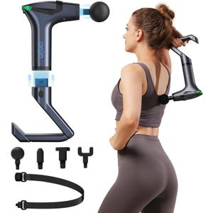 3-in-1 Percussion Massage Gun with Extension Handle, Detachable Muscle Massage Gun Deep Tissue for Back, Neck, Shoulder, Thigh Pain Relief, Portable&Quiet for Travel Gym Office-12 Speeds & 4 Heads