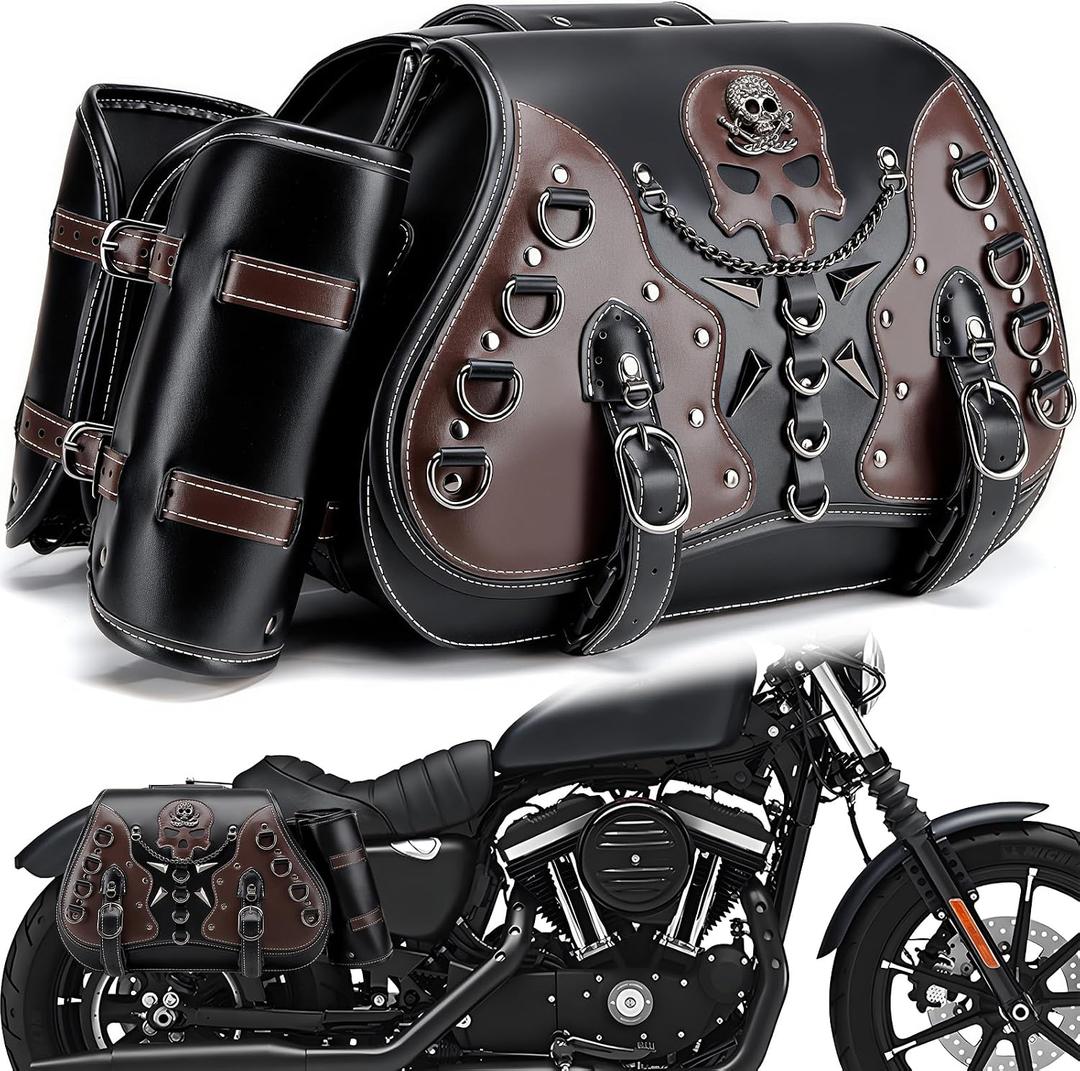 Motorcycle Saddlebag, 30L Leather Waterproof Side Saddle Bags with Cup Holder, Universal Powersports Saddlebags for Harley Davidson Sportster Dyna Softail Honda Shadow Rebel Yamaha Vulcan, 14.8 x 10.7 x 7.5 inches