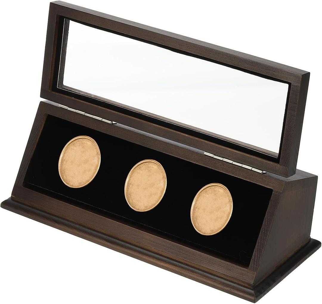 PATIKIL Coin Display Case, 3 Slots Coin Presentation Display Box Coin Box Coin Case with Coin Holder Fit 38-44.5mm Coin for Silver Dollar Collectors, Brown