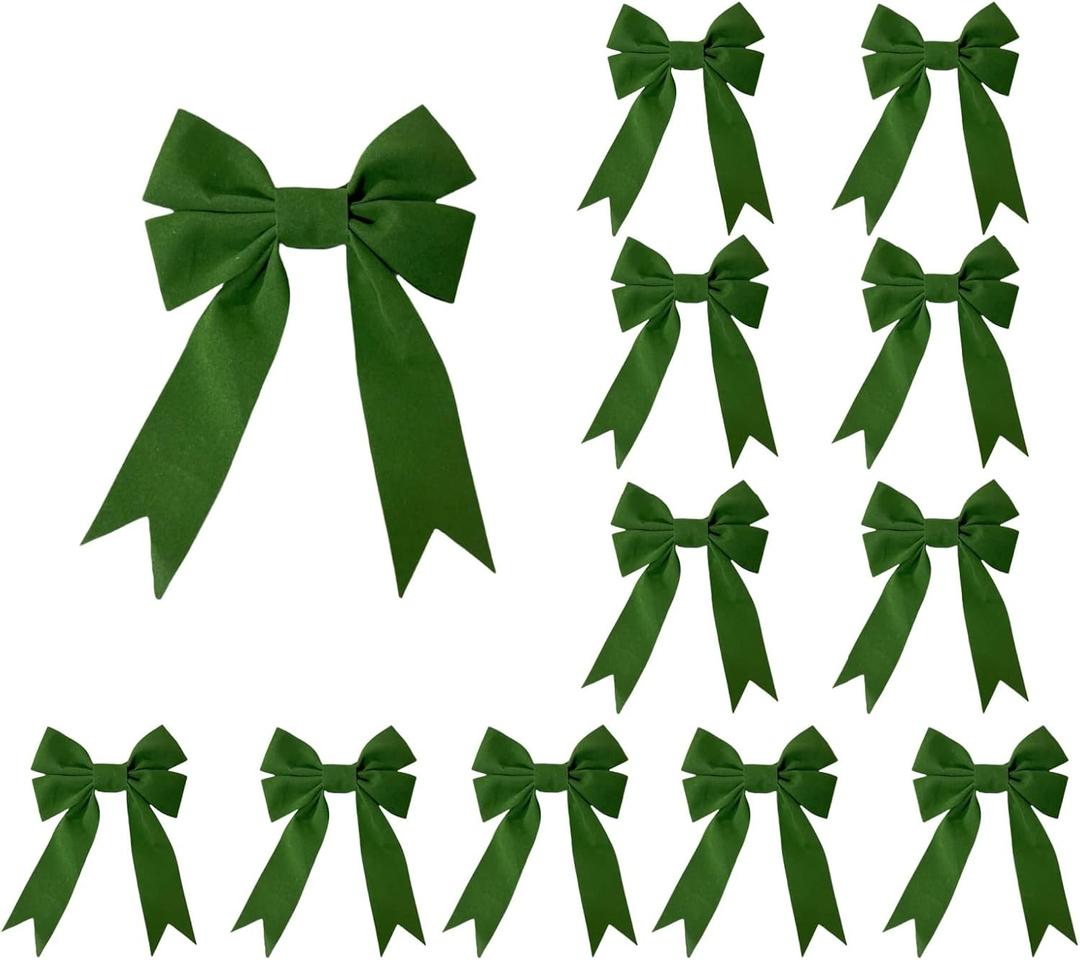 12 Pcs Dark Green Velvet Ribbon Bow Christmas Wreath Bows for Garland Gift Wrapping Indoor Outdoor Christmas Parties Decorations (Dark Green, 12)