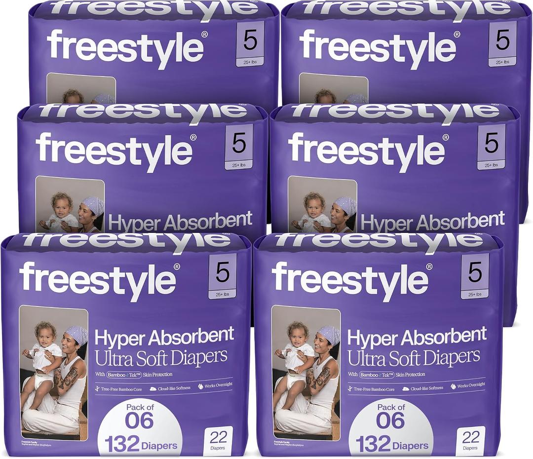 Freestyle BambooTek Diaper (Size 5) Hyper Absorbent & Non-Toxic Disposable Diaper for Sensitive Skin Ultra Soft Diapers (25+ lbs) 132 Count