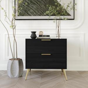 Modern Glam 2-Drawer Wooden Nightstand with Gold Metal Legs, Black, 14.7"D x 21.7"W x 21.9"H