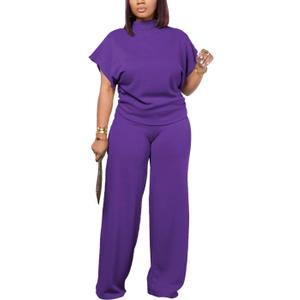 PINSV Lounge Sets For Women Casual 2 Piece Outfits Baggy Short Sleeve Top And Flare Pants Tracksuits (Medium, Ug-purple)