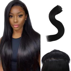 Seamless Sleek Straight Clip in Hair Extensions Seamless Real Human Hair, 18 Inch 1Pack 130g 7Pcs Human Hair Extensions for Women Natural Black