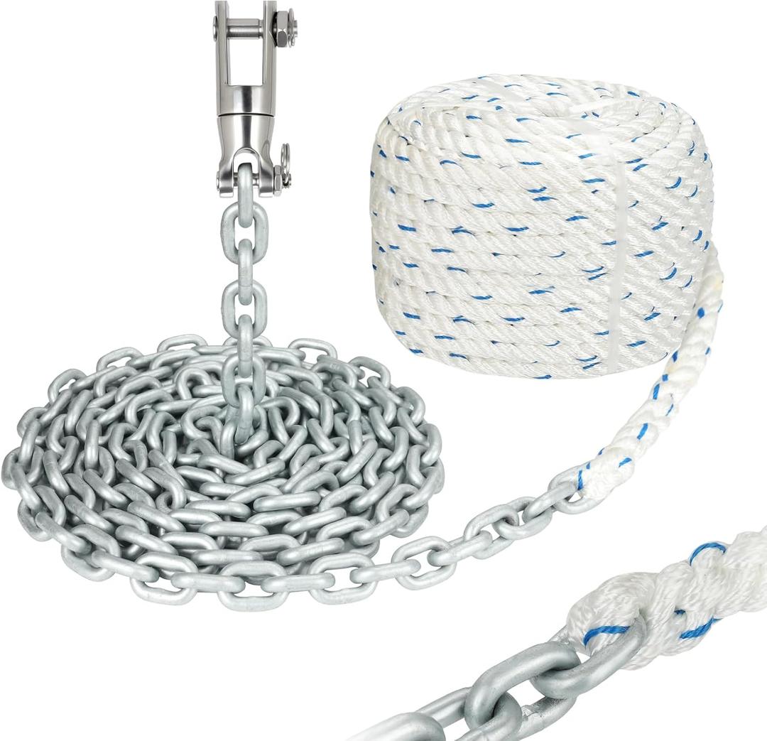 Windlass Anchor Rode Rope/Chain, 1/2" Anchor Line 3-Strand 200ft with 1/4" G4 Hot-Dipped Galvanized Anchor Chain 15ft and Swivel Connector Kit, 1/2"x200' Rope&1/4"x15' Galvanized Chain