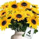 TURNMEON 28Pcs Sunflowers Artificial Flowers for Outdoors Fall Decor, 4 Pack Fake Mums Flowers Silk Faux Fall Sunflower Bouquet Arrangement for Vase Wedding Table Home Outdoor Cemetery Summer Decor