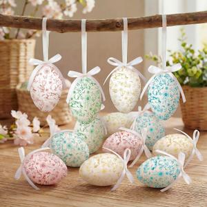 Gemscream 24 Pcs Easter Eggs Hanging Ornaments, Colorful Foam Easter Hanging Eggs Decorations with Bow Bunny and Floral Designs for Tree Basket Filler Decor Party Favors (Toile de Jouy Style)
