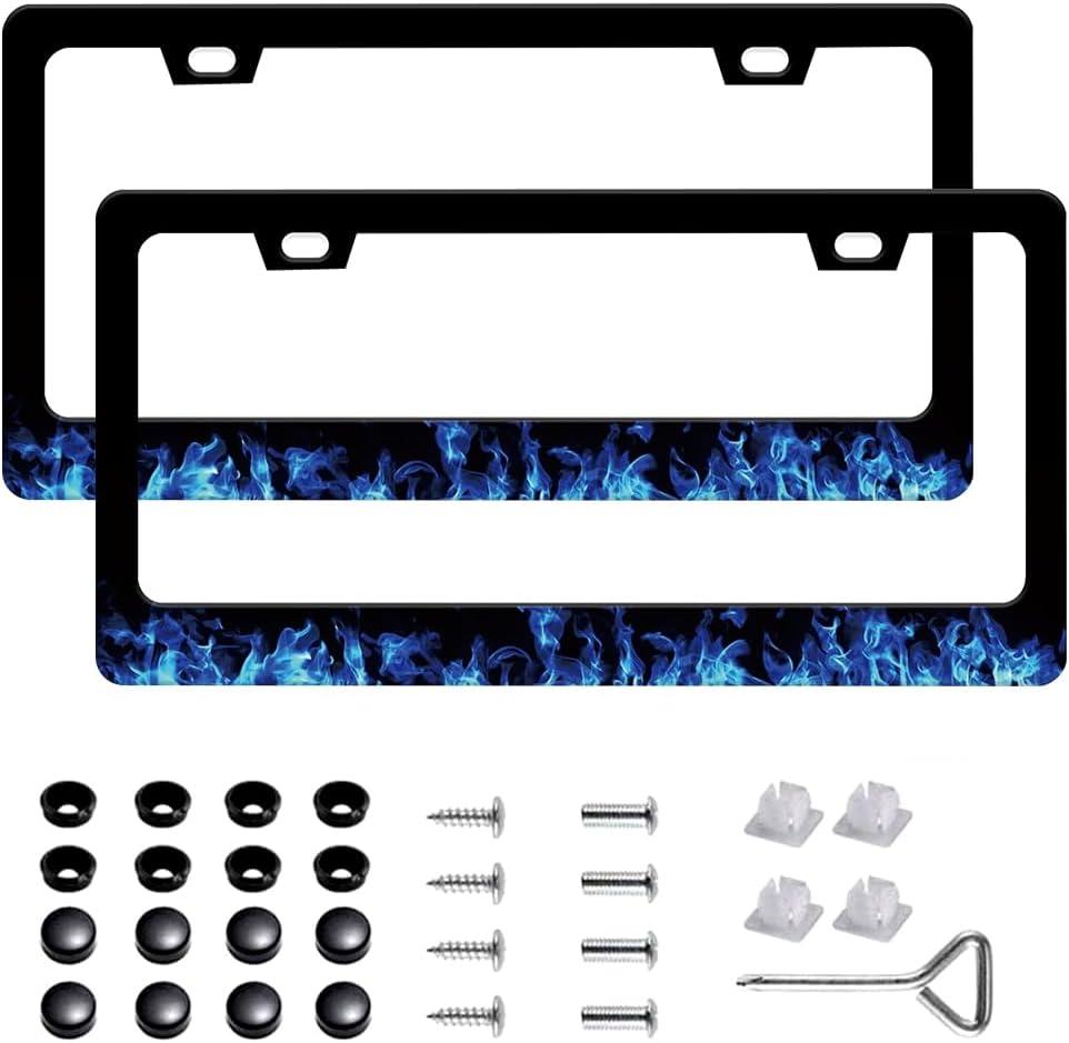 2Pcs Auto Universal Blue Flame Stainless Steel License Plate Frames 12x6 Inch for Standard Us Canada (111-blue-flame)