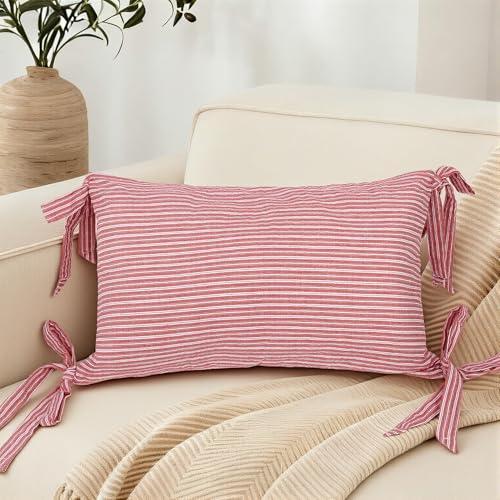 RinRinfam Cotton Striped Lumbar Throw Pillow Cover 12x20 Inch, Boho Bow Natural Cushion Case, Modern Farmhouse Home Decor for Outdoor Couch Bedroom, Red and White
