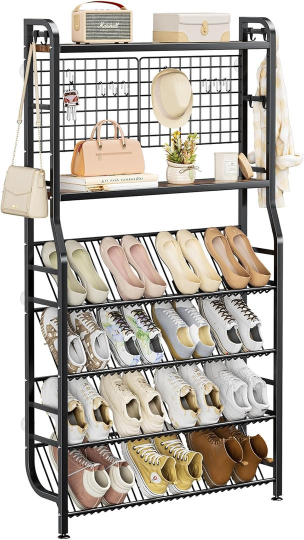 Shoe Rack Wall Mount, 4-Tier Narrow Shoe Organizer with 14 Storage Hooks, Large Capacity Shoe Shelf Holds 15 Pairs, Metal Hall Tree with Shoe Storage, Space Saving for Entryway Hallway Mudroom
