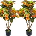 2PCS Artificial Croton Plant, Faux Fiddle Leaf fig Tree,Artificial Trees for Home Decor,Floor Plant,Front Porch Plants with Plastic Pot, Faux Ficus Lyrata Tree,35inch