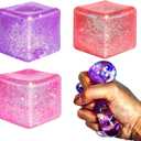 Glitter Squishy Cube Pack of 3 - Fidget Toys for Kids, Slow Rise Stress Cubes for Adults, Ice Cube Squishy Malt Sugar Stress Balls for Anxiety Relief(Blue/Coral/Purple)