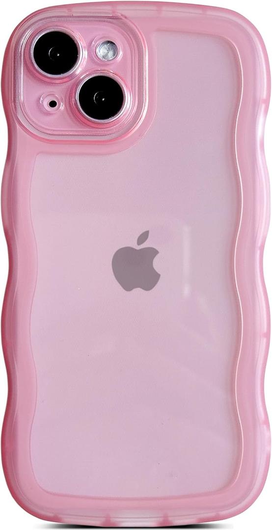 Qokey for iPhone 15 Case 6.1", Curly Wave Design Bumper Design Transparent Shiny Case Cute Clear Shockproof Protection Soft Wavy Phone Cover Case for Women Girls Men, Clear/ Pink