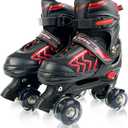 HXWY Kids Roller Skates for Boys Girls Child, Adjustable 4 Sizes Roller Skates for Kids and Youth with Light Up Wheels, Quad Black & Red Roller Skates for Sports (Youth 4-7)