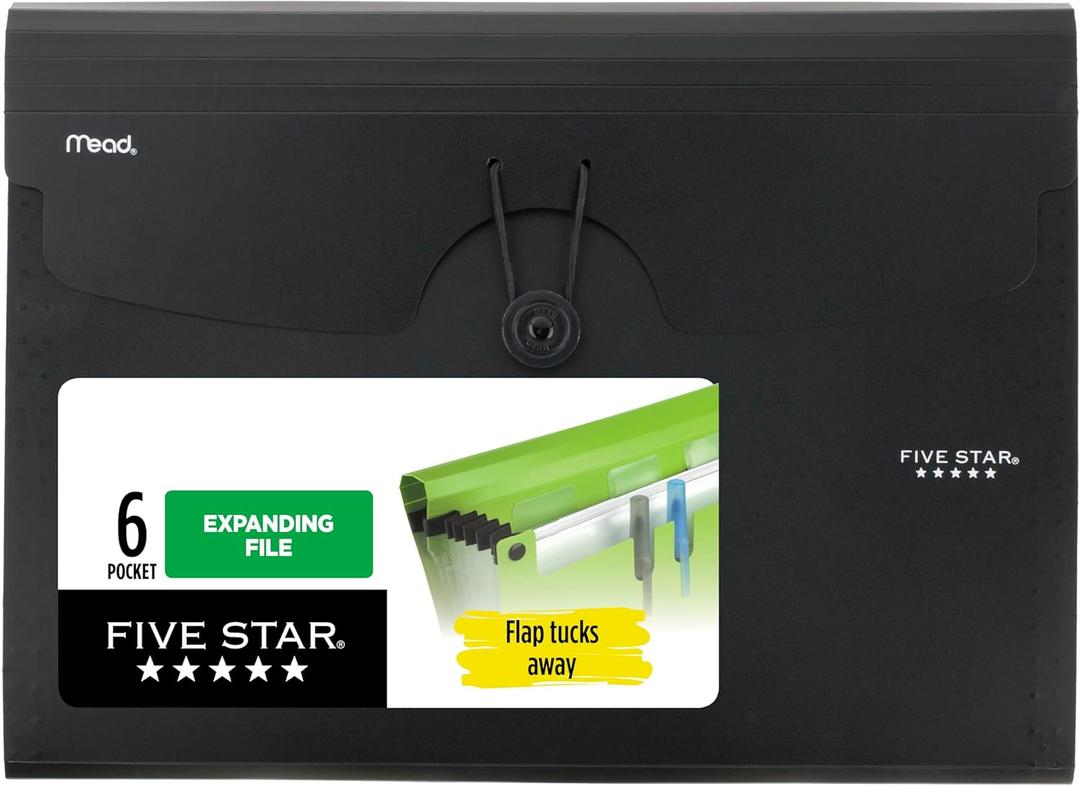 Five Star Expanding File Organizer, 6-Pocket Accordian File Organizer, Bungee Closure, Holds 8-1/2" x 11" Paper, Black (72391)