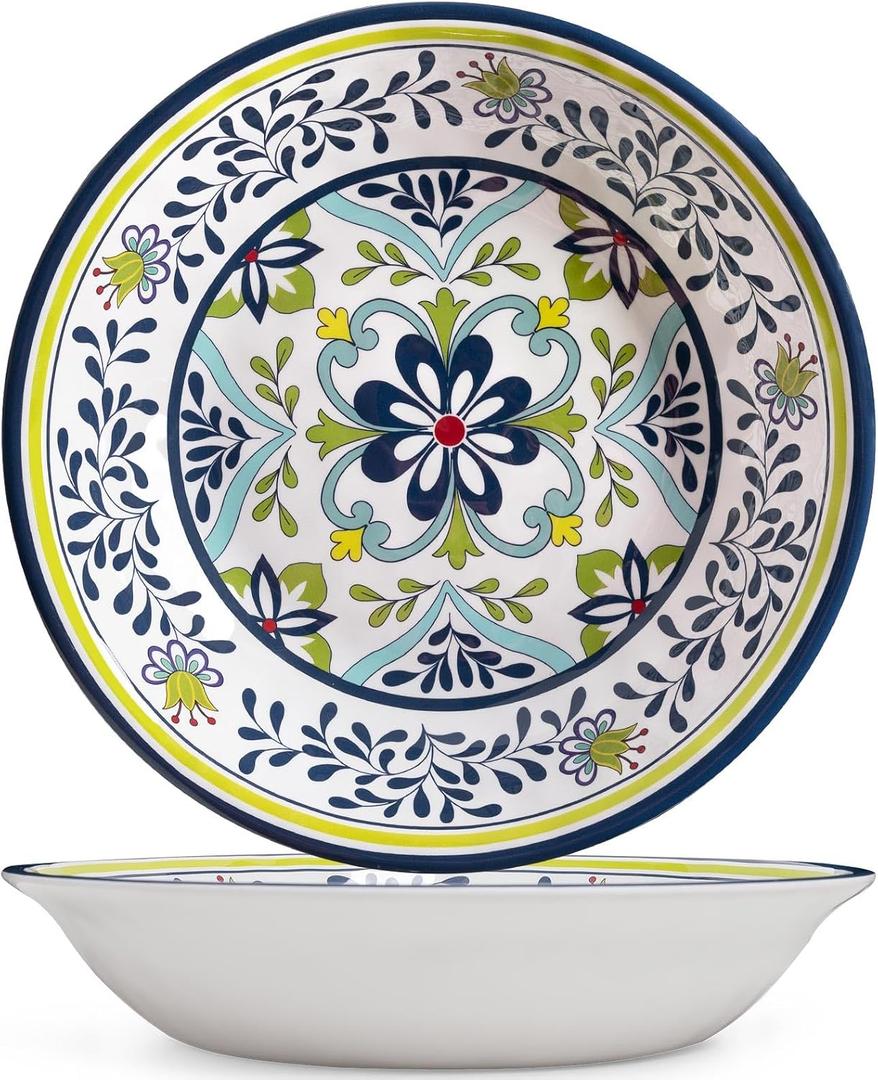 Talavera Melamine Large Serving Bowl, 13.75" x 2.75" Mixing, Pasta Serving Bowls set of 2,100% Melamine Soup Bowl Salad Bowl Fruit Bowls,Lightweight and Unbreakable