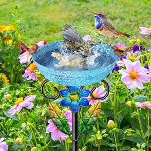 Metal Bird Bath for Outside, Freestanding Birdbaths Detachable Decoration Spa Birdfeeder, Bird Baths Feeder Bowl for Outdoors Garden Patio Yard Lawn Decor (Blue+ Flower)