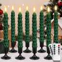 YAUNGEL 8 Pcs Flameless Christmas Tree Candles with Remote Timer, Real Wax Christmas Tree Candles Battery Operated Flickering Flame,10 Inch Green Tree Candlesticks with Holder for New Year Xmas Decor