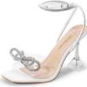 DREAM PAIRS Stiletto Bow Heels for Women Strappy Sparkly Rhinestone Square Toe Clear Crystal High Sandals for Party Wedding (7, White-pu)