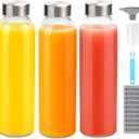 Zukro Glass Water Bottles with Lids 18 oz, 3 Pack Reusable Juice Bottles With Stainless Steel Airtight Cap for Juicing, Leak Proof Clear Drinking Jar Beverage storage container for Fridge, BPA Free (Silver-3 counts)