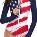 Century Star Long Sleeve Swimsuits Women Teen Girls Rash Guard UPF 50+ One Piece Surfing Modest Full Coverage Bathing Suit (American Flag Thick Stripes), XS