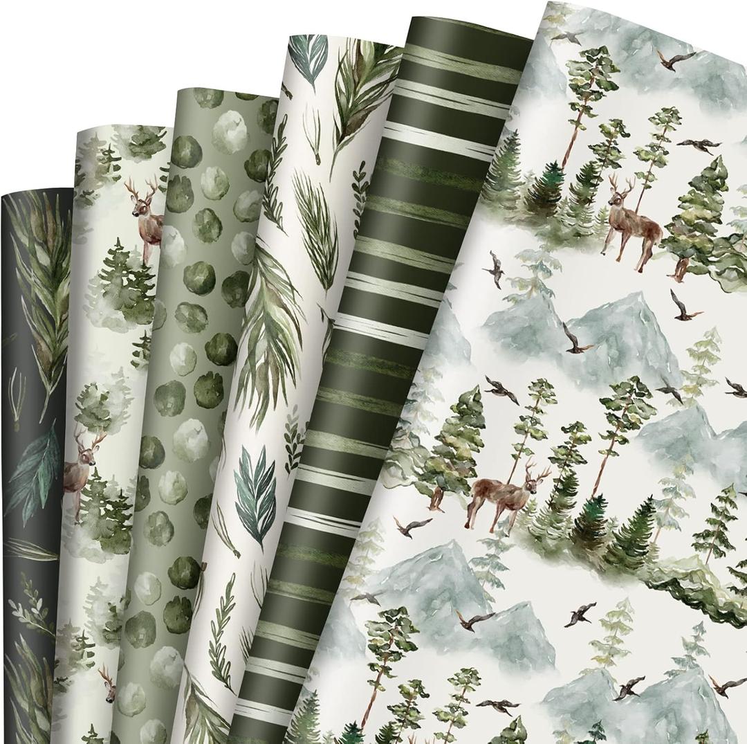 AnyDesign 12 Sheet Forest Theme Wrapping Paper Watercolor Woodland Gift Wrap Paper Bulk Green Tree Elk Art Paper for Birthday Wedding Baby Shower DIY Crafts Gift Packing, 19.7 x 27.6, Folded Flat