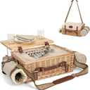 Mutifunctional Wicker Picnic Basket Set for 2 with Blanket and Picnic Table, Insulated Picnic Set with Full Tablewares for Camping Outdoor Couples,Natural