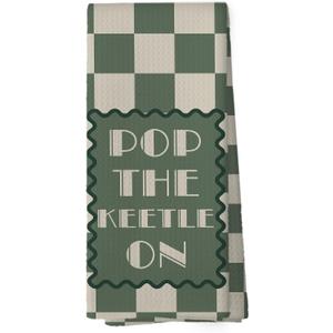 Sage Green Funny Kitchen Towels - Tea Lover Gifts for Women Dish Towels, Pop The Kettle On Green Checkered Decorative Absorbent Dishcloths Hand Towel for Kitchen Decor 16x24 Inches
