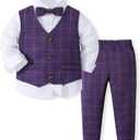Toddler Gentleman Baby Boy's Long Sleeve White Shirt with Fake Dark Purple Plaid Vest + Pants with Bowtie Outfit Suits 4-5 Years